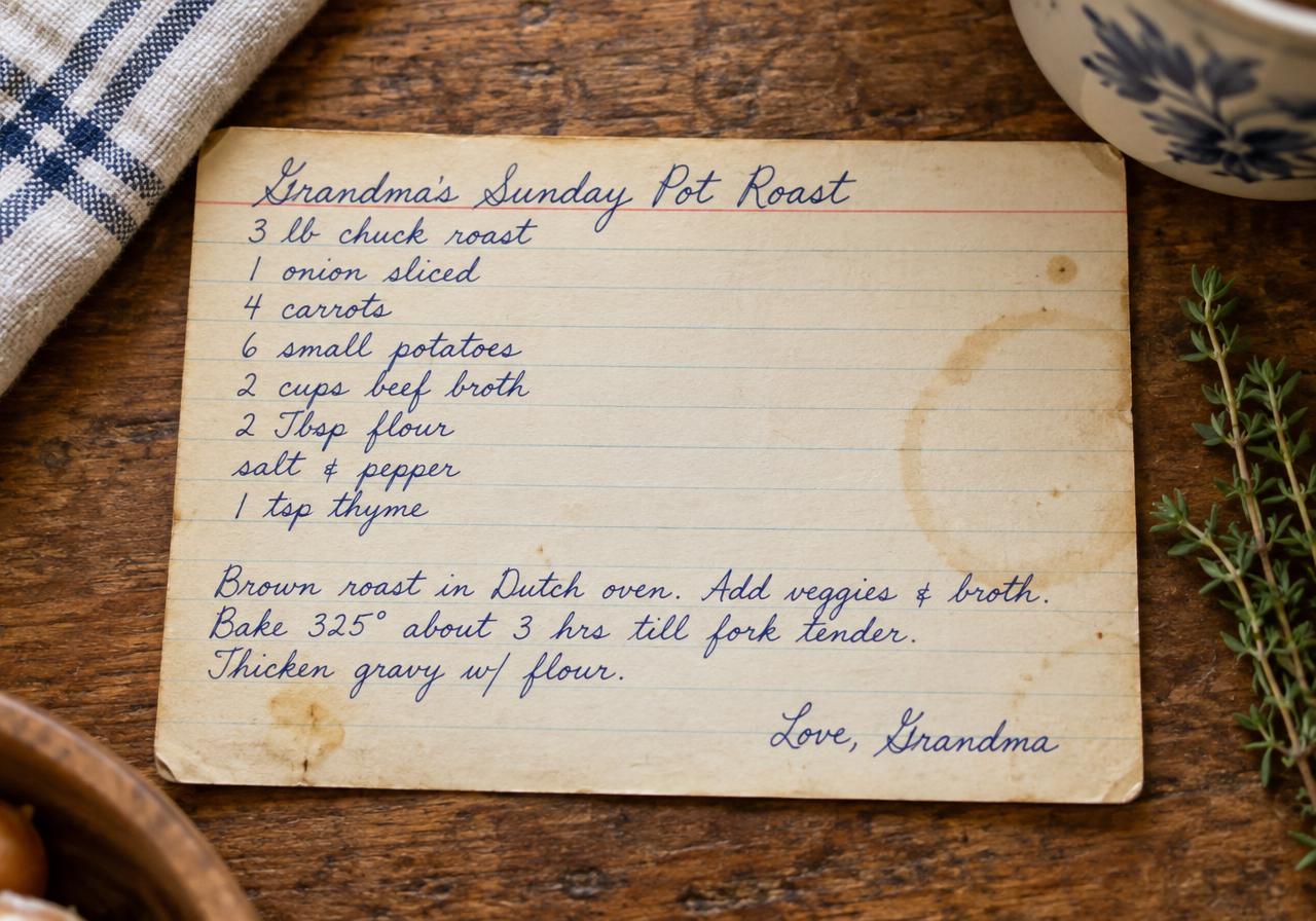 Illustrative handwritten Grandma's Sunday Pot Roast recipe card