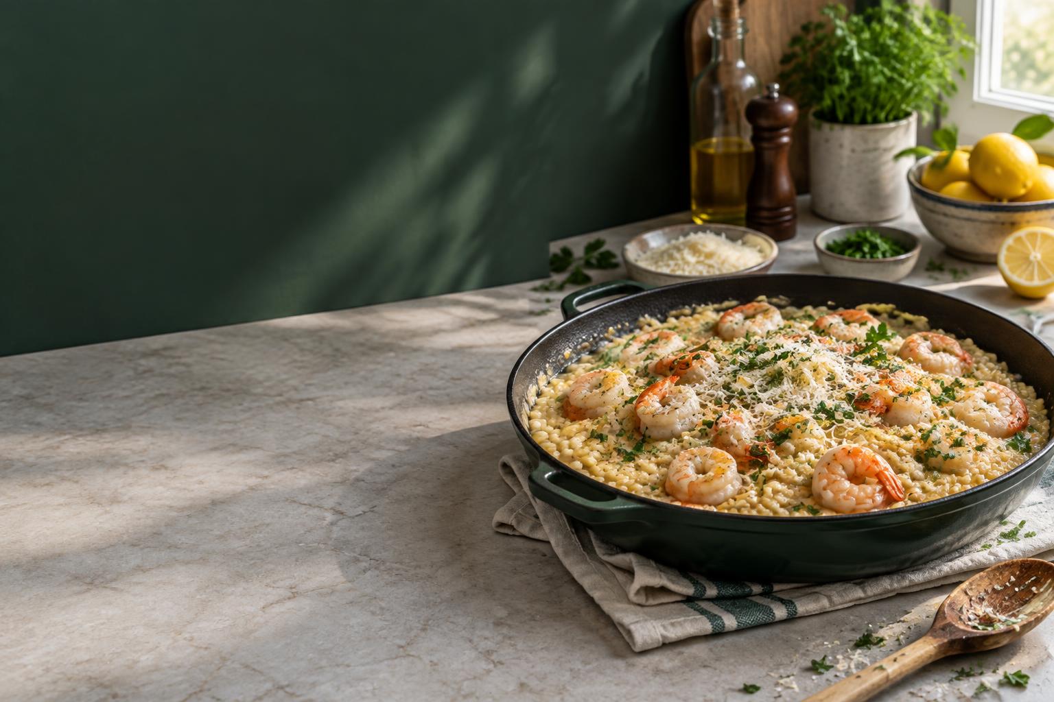 Freshly cooked shrimp risotto with parmesan, herbs and lemons in a home kitchen